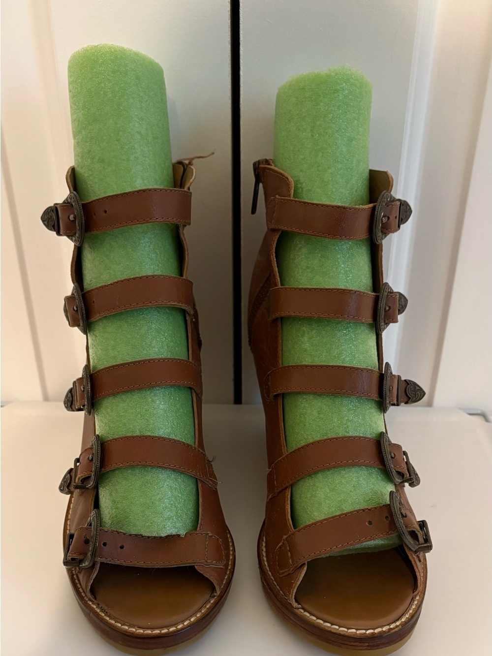 TOPSHOP "Nate" Brown Multi-Buckle Leather Wedge Sandals